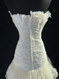 Timeless Women's Mermaid Strapless Sleeveless White Tulle Tiered Pleated With Beads Long Vintage Fitted 1920s Wedding Dresses HZ0311
