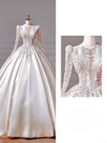 Princess Long Wedding Gowns Ball Gown V Neck Satin for Bride With Long Sleeves Beaded Bodice Bridal Dress HZ0311