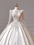 Princess Long Wedding Gowns Ball Gown V Neck Satin for Bride With Long Sleeves Beaded Bodice Bridal Dress HZ0311