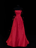 Ball Gowns Prom Dress Aesthetic Strapless Red Satin With Feather Style Impress Long Prom Dresses Party Formal Gowns HZ0311