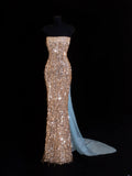 Affordable Sequin 1950s Formal Mermaid Strapless Champagne With Beads Style Impress Long Prom Dresses Party Formal Gowns HZ0311