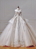 Romantic Long Wedding Dresses Ball Gown Sweetheart Tulle Lace Pleated Wedding Dress Style For Brides Fitted With Long Sleeves Bridal Gowns HZ0311