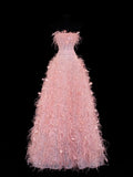 Modest Prom Dress Aesthetic Ball Gowns Strapless Tulle Pink With Feathers Style Impress Long Prom Dresses Party Formal Gown HZ0311