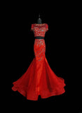 Vintage 1950s Mermaid 2 Pieces Red Pink With Beading Short Sleeves Long Prom Dresses High School Senior Graduation Dance Evening Outfits HZ0311