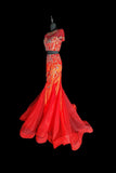 Vintage 1950s Mermaid 2 Pieces Red Pink With Beading Short Sleeves Long Prom Dresses High School Senior Graduation Dance Evening Outfits HZ0311