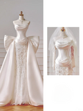 Timeless Wedding Dresses Sheath Strapless Satin Drop Waist Pleated Bow-knot Dress Style For Brides With Pleated Fitted Long Bridal Gowns HZ0311