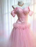 Vintage 90s Mermaid Off The Shoulder Pink Tulle For Women Party Dresses Long Prom Dress Birthday Gowns HZ0311