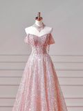 Modest Prom Dresses Aesthetic Ball Gown Off The Shoulder Pink Sequin Corset Fitted Impress Long Party Formal Gown For Teens High Schools Girls HZ0311