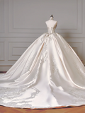 Princess Long Wedding Gowns Ball Gown Off The Shoulder Satin For Bride With Long Sleeves Train Bridal Dresses HZ0311