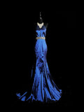 Vintage 1950s Mermaid Halter Royal Blue Taffeta With Silver Beading Long Prom Dresses High School Senior Graduation Dance Evening Outfits HZ0311