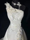 Women's Ball Gown One Shoulder Sleeveless White Lace Tiered Satin Long Vintage Fitted 70s Wedding Dresses HZ0311
