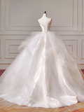 Princess Long Wedding Gowns Ball Gown Strapless Satin For Bride With Beads Train Bridal Dresses HZ0311