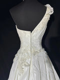 Women's Ball Gown One Shoulder Sleeveless White Lace Tiered Satin Long Vintage Fitted 70s Wedding Dresses HZ0311