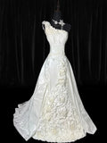 Women's Ball Gown One Shoulder Sleeveless White Lace Tiered Satin Long Vintage Fitted 70s Wedding Dresses HZ0311