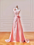 Modest Prom Dresses Aesthetic A Line One Shoulder Pink Satin Impress Long Party Formal Gown For Teens High Schools Girls HZ0311