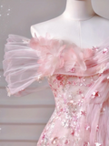 Modest Prom Dresses Aesthetic Ball Gown Off The Shoulder Pink Sequin Impress Long Party Formal Gown For Teens High Schools Girls HZ0311