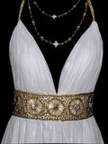 Retro 60s A Line Chiffon White Blue With Gold Beads Sleeveless Long Prom Dresses High School Senior Graduation Dance Party Outfits HZ0311