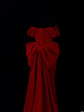Classic 1950s Formal Mermaid Off The Shoulder Burgundy Velvet With Beads Bow-knot Style Impress Long Prom Dresses Party Gowns HZ0311