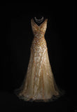 Vintage Prom Dresses 90s Formal Mermaid V Neck Tulle Gold With Beadings Long Party Gowns Prom Dresses HZ0311