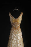 Vintage Prom Dresses 90s Formal Mermaid V Neck Tulle Gold With Beadings Long Party Gowns Prom Dresses HZ0311