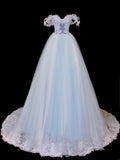 Modest Prom Dress Aesthetic Ball Gowns Off The Shoulder Tulle Blue Style Impress Long Prom Dresses Party Formal Gown HZ0311