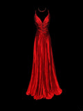 Retro 60s A Line Spaghetti Strap Red Satin With Beads Sleeveless Long Prom Dresses High School Senior Graduation Dance Party Outfits HZ0311
