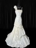 Women's Mermaid Boho Sleeveless White Lace Pleated Satin Long Vintage Fitted 70s Wedding Dresses HZ0311