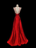 Retro 60s A Line Spaghetti Strap Red Satin With Beads Sleeveless Long Prom Dresses High School Senior Graduation Dance Party Outfits HZ0311