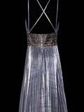 Modest A line Spaghetti Strap Gray Pleated Long Evening Dresses Inspo Senior Night Dance Prom Dress HZ0311
