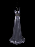 Modest A line Spaghetti Strap Gray Pleated Long Evening Dresses Inspo Senior Night Dance Prom Dress HZ0311