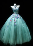 Cute Ball Gown Sweetheart Sleeveless Blue With Applique Tulle Long Quinceanera Dresses Sweet 15 16 Birthday Outfits HZ0311