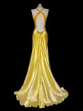 Classic Mermaid Spaghetti Strap Yellow Open Backs Satin Sleeveless Long Prom Dresses High School Senior Graduation Dance Evening Outfits HZ0311