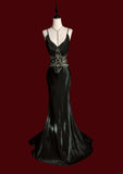Modest Mermaid Spaghetti Strap Black Pleated Beads Long Evening Dresses Inspo Senior Night Dance Prom Dress HZ0311