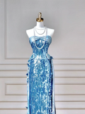 Glitter Sheath Strapless Blue Sequins Long Formal Fancy Prom Evening Dress Dinner Outfits Party Gowns For Teens HZ0311