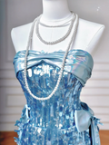 Glitter Sheath Strapless Blue Sequins Long Formal Fancy Prom Evening Dress Dinner Outfits Party Gowns For Teens HZ0311