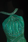 Vintage A Line Halter Green Satin Party Dress With Beads 1950s Retro Classy Birthday Dinner Long Prom Dresses HZ0311