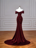 Simple Mermaid Off The Shoulder Burgundy With Sleeves Long Formal Prom Dresses Night Outfits Party Gowns HZ0311