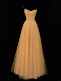 Simple Formal A Line Spaghetti Strap Yellow Tulle Style Impress Long Prom Dresses Party Gowns HZ0311