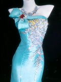 Classy Mermaid One Shoulder Blue Satin With Beaded Bodice Sleeveless Long Prom Dresses Inspo Senior Sweet 16 Birthday Outfits HZ0311