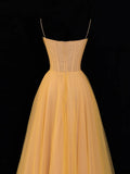 Simple Formal A Line Spaghetti Strap Yellow Tulle Style Impress Long Prom Dresses Party Gowns HZ0311
