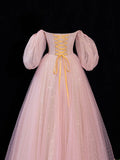 Modest Prom Dress Aesthetic Ball Gowns Off The Shoulder Pink Tulle Style Impress With Sleeves Long Party Formal Gown HZ0311