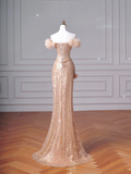 Sparkly Mermaid Off The Shoulder Blush Pink With Sleeves Long Formal Prom Dresses Night Outfits Party Gowns HZ0311
