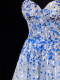 Classy A Line 1950s Formal Sweetheart Blue White Sequins With Beads Style Impress Long Prom Dresses Party Gowns HZ0311