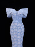 Modest Prom Dress Aesthetic Mermaid Off The Shoulder Blue Tulle Style Impress With Sleeves Long Party Formal Gown HZ0311