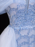 Modest Prom Dress Aesthetic Mermaid Off The Shoulder Blue Tulle Style Impress With Sleeves Long Party Formal Gown HZ0311