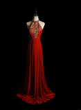 Modest A line Halter Red Chiffon With Beading Long Evening Dresses Inspo Senior Night Dance Prom Dress HZ0311