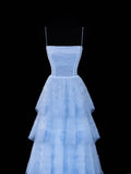 Simple Formal A Line Spaghetti Strap Blue Tulle Style Impress Long Prom Dresses Party Gowns HZ0311