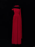 Classy A Line 1950s Formal One Shoulder Red Chiffon Pleated Style Impress Long Prom Dresses Party Gowns HZ0311