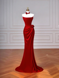 Cheap Mermaid Red Strapless With Pleated Sleeveless Long Formal Fancy Prom Evening Dress Dinner Outfits Party Gowns For Teens HZ0311