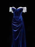 Classy Formal Mermaid Off The Shoulder Royal Blue Velvet With Beads Style Impress Long Prom Dresses Party Gowns HZ0311